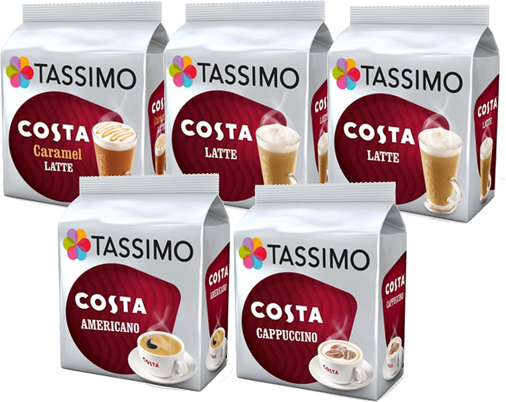 Tassimo Costa Coffee Selection - Costa Latte/Costa Caramel Latte/Costa Americano/Costa Cappuccino - 5 Packs (48 Drinks)