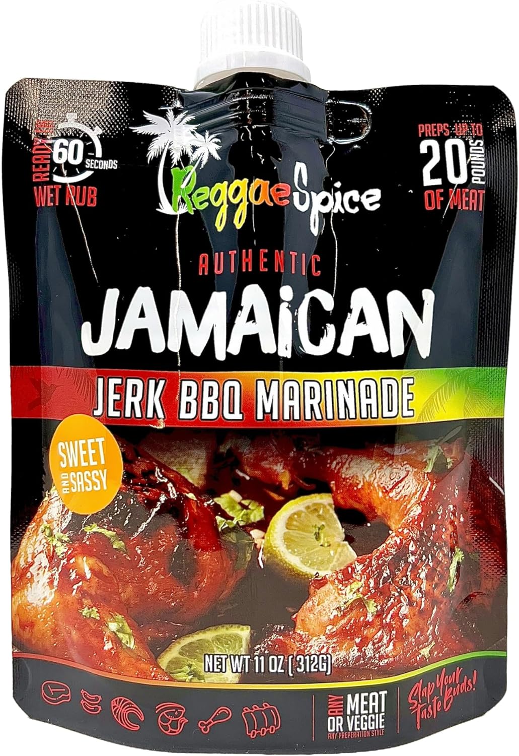 Reggae Spice Jamaican Jerk BBQ Marinade | 60-Second Authentic Wet Rub Seasoning Sauce for Cooking Meats | Gluten Free, Vegan, and Keto Friendly | 11 oz (Sweet & Sassy Pouch)