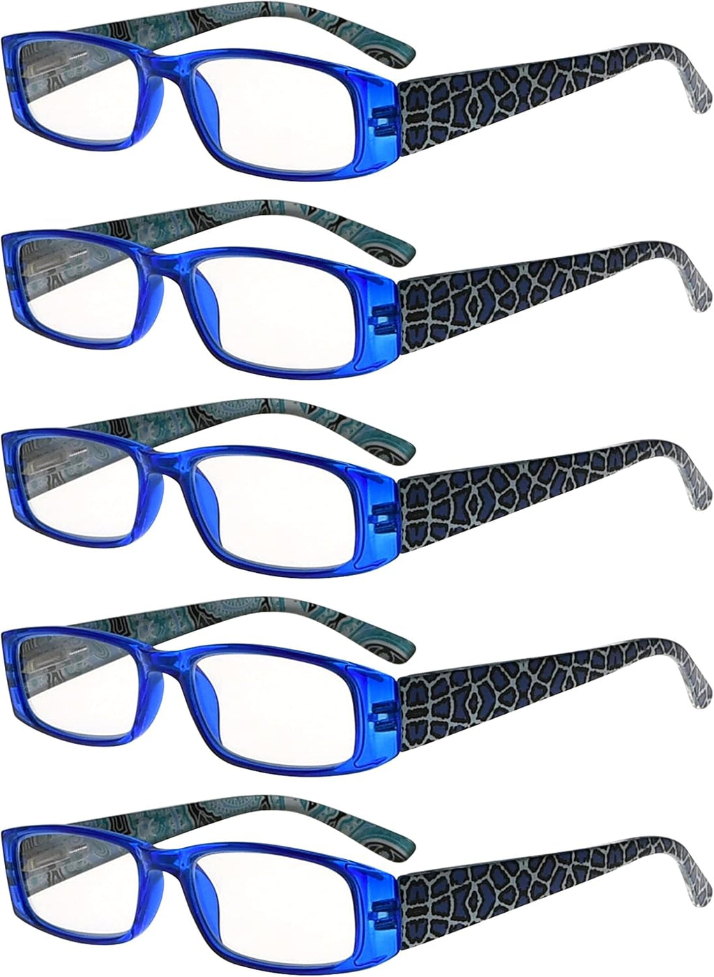 Eyekepper 5-Pack Spring Hinges Tiger Patterned Temples Rectangular Reading Glasses Readers Blue +1.25