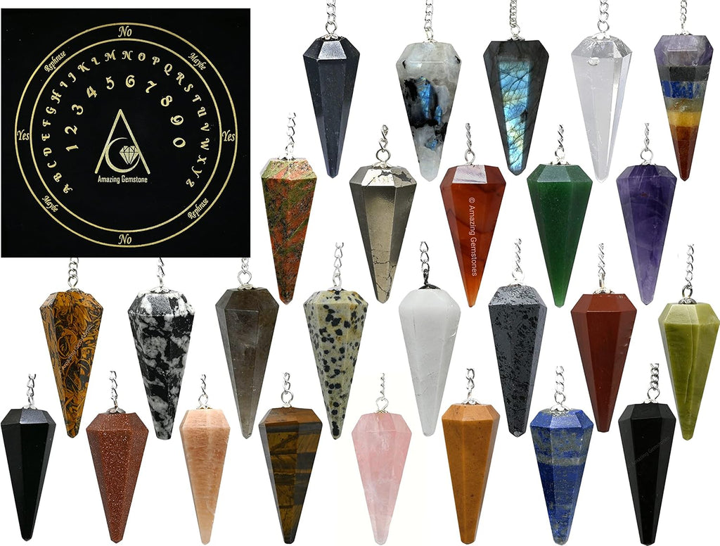 Amazing Gemstone Pack of 11 Crystal Pendulums Bulk Set with Pendulum Board - Wholesale Bulk Crystals