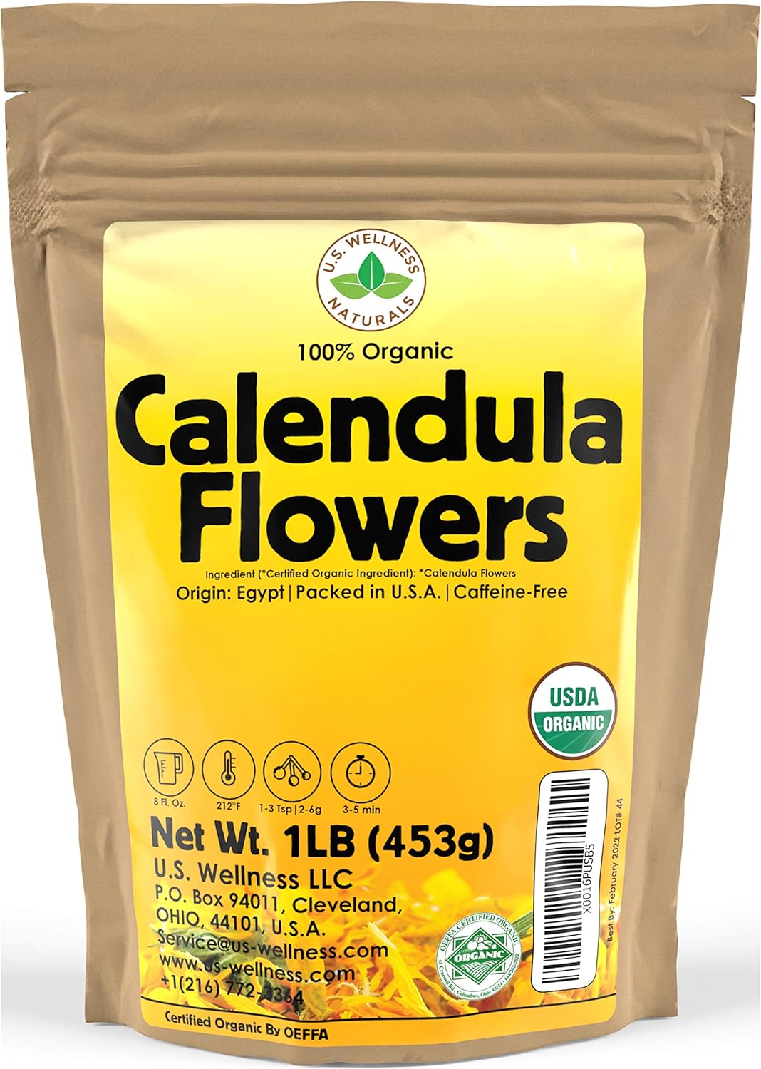 Calendula Tea 1LB (16Oz) 100% CERTIFIED Organic Whole Flower Herbal Tea (Calendula Officinalis), Caffeine Free in 1 lbs. Bulk Resealable BPA-free Bags from U.S. Wellness