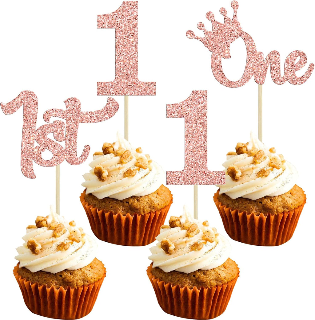 24Pcs One Cupcake Toppers Glitter 1st Birthday Cupcake Picks for Baby Shower First Birthday Party Cake Decorations Supplies Rose Gold