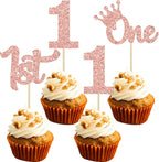 24Pcs One Cupcake Toppers Glitter 1st Birthday Cupcake Picks for Baby Shower First Birthday Party Cake Decorations Supplies Rose Gold