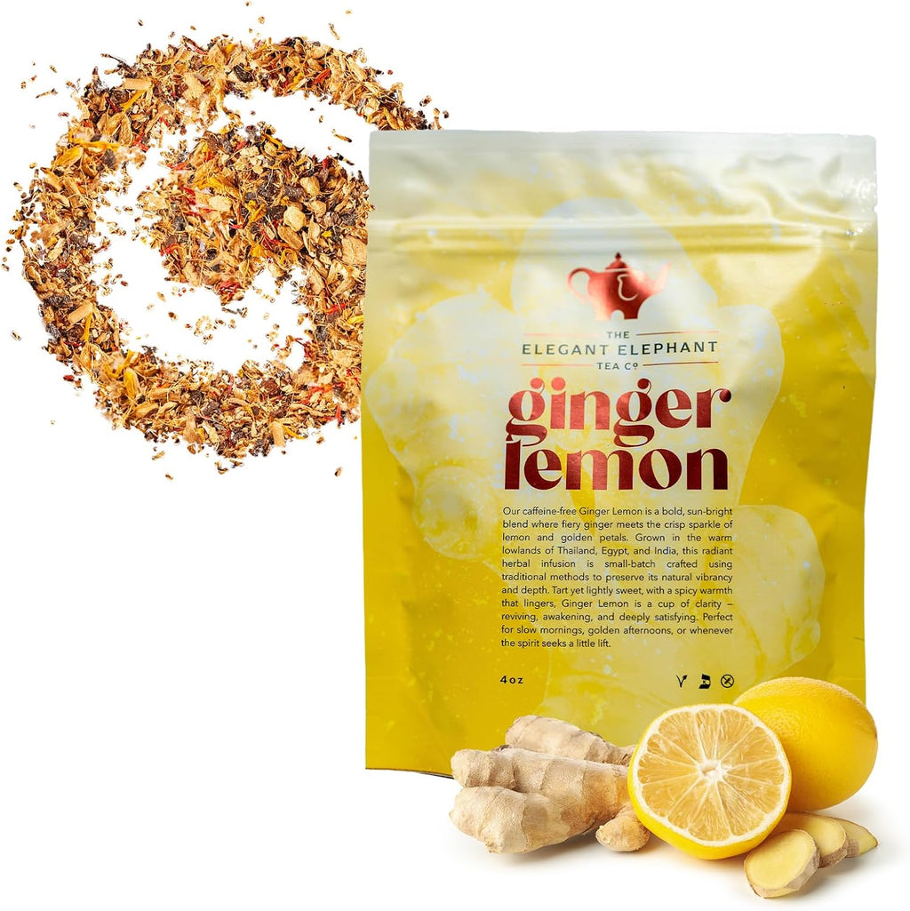 Ginger Lemon Tea, Loose Leaf Herbal Tea – Helps Reduce Nausea and Motion Sickness – Detox & Immunity Support – Drink Hot or Iced – 4 oz Resealable Bag (Makes 50 Cups) – The Elegant Elephant