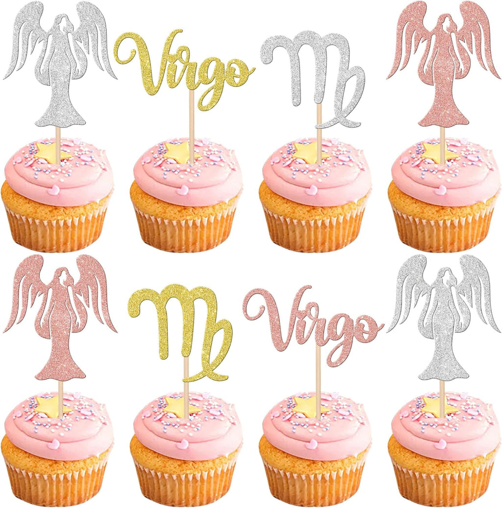 24 PCS Virgo Cupcake Toppers Glitter 12 Constellation Virgo Cupcake Picks August September Birthday Cake Decorations for Horoscope Astrology Birthday Party Cake Decorations Supplies Multi