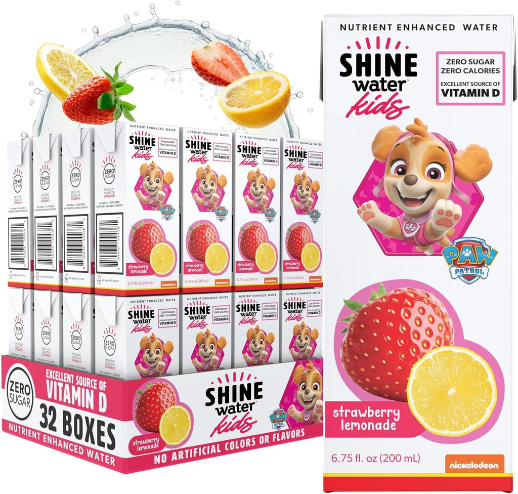 Shine Water x Paw Patrol Strawberry Lemonade Kids Juice Boxes with Vitamin D 32-Pack | No Added Sugar | Naturally Flavored Drinks for Kids | Vegan, Gluten Free, Zero Calorie Hydration
