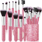 Nuogo Pink 13 Pcs Rhinestone Makeup Brushes Set 12 Bling Crystal Professional Face Cosmetics Blending Liquid Foundation Powder Concealer Eye Shadows Make up Beauty Tool Glitter with 1 Holder
