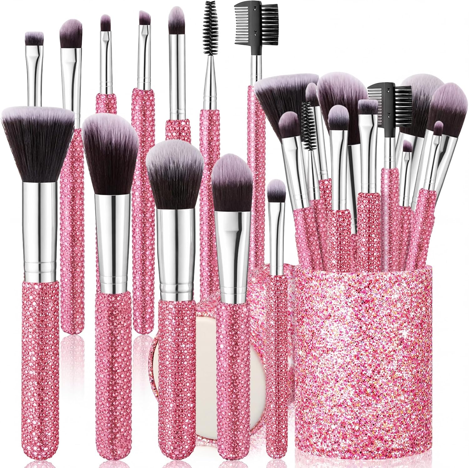 Nuogo Pink 13 Pcs Rhinestone Makeup Brushes Set 12 Bling Crystal Professional Face Cosmetics Blending Liquid Foundation Powder Concealer Eye Shadows Make up Beauty Tool Glitter with 1 Holder