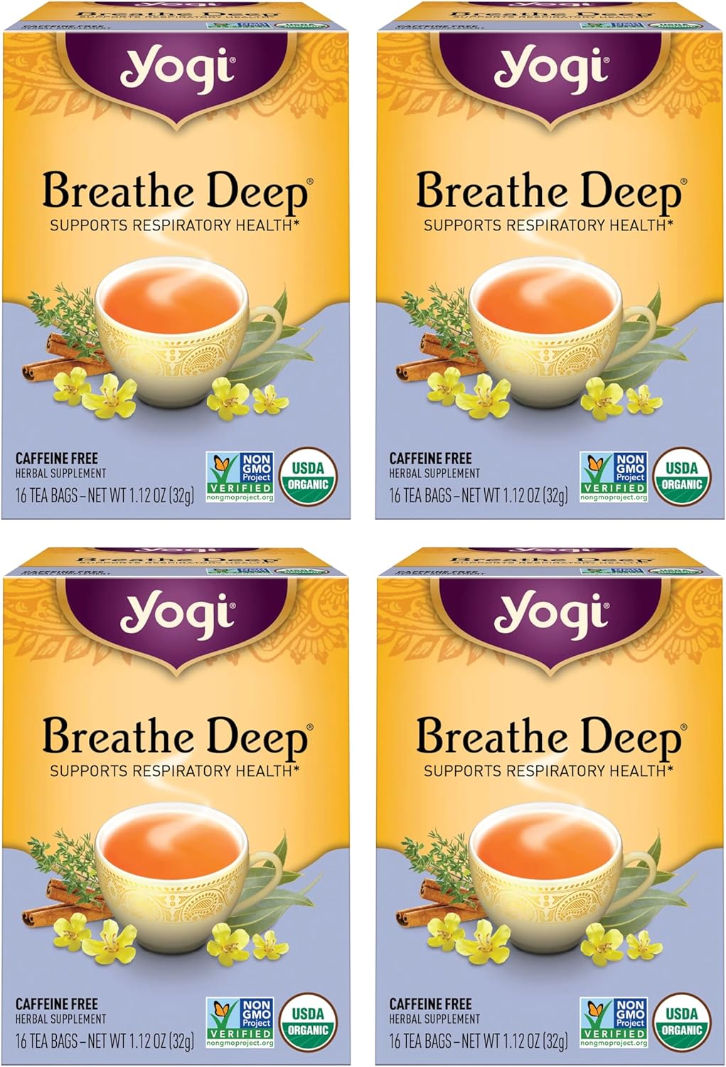 Yogi Tea Breathe Deep Tea - 16 Tea Bags per Pack (4 Packs) - Organic Respiratory Tea - Supports Respiratory Health - Includes Licorice Root, Eucalyptus Leaf, Ginger Root & Cinnamon Bark