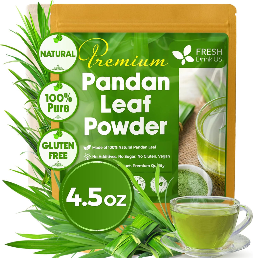 FRESHDRINKUS, Premium 4.5oz Pandan Leaf Powder, 100% Natural and Pure from Pandan Dried Leaves, Emerald Pandan Leaf Powder, Green Food Coloring Powder, No Additives, No Gluten, Vegan.