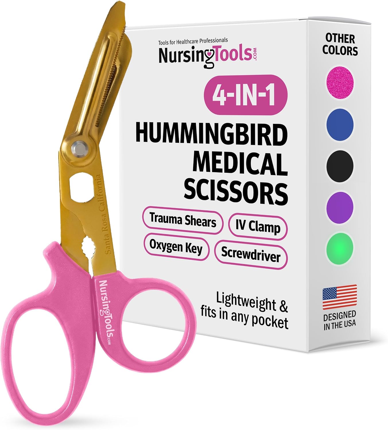 Nursing Tools Hummingbird 4-in-1 Trauma Shears – Compact Medical Scissors for Nurses, Stainless Steel Pocket EMT Shears with Oxygen Key & IV Clamp (Hibiscus Pink)