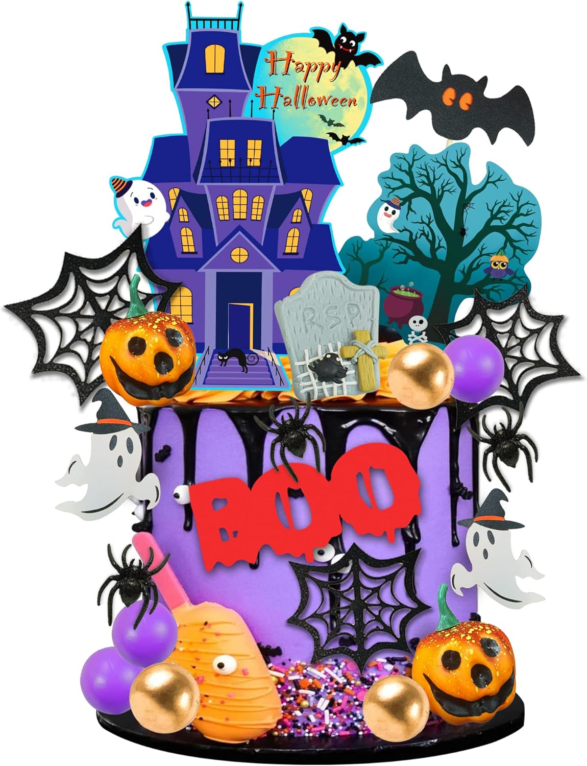 26PCS Halloween Cake Toppers Haunted House Tree Ghost Bat Boo Sign Cupcake Toppers Tombstone Pumpkin Spider Balls Cake Decorations Set for Halloween Zombie Theme Birthday Supplies