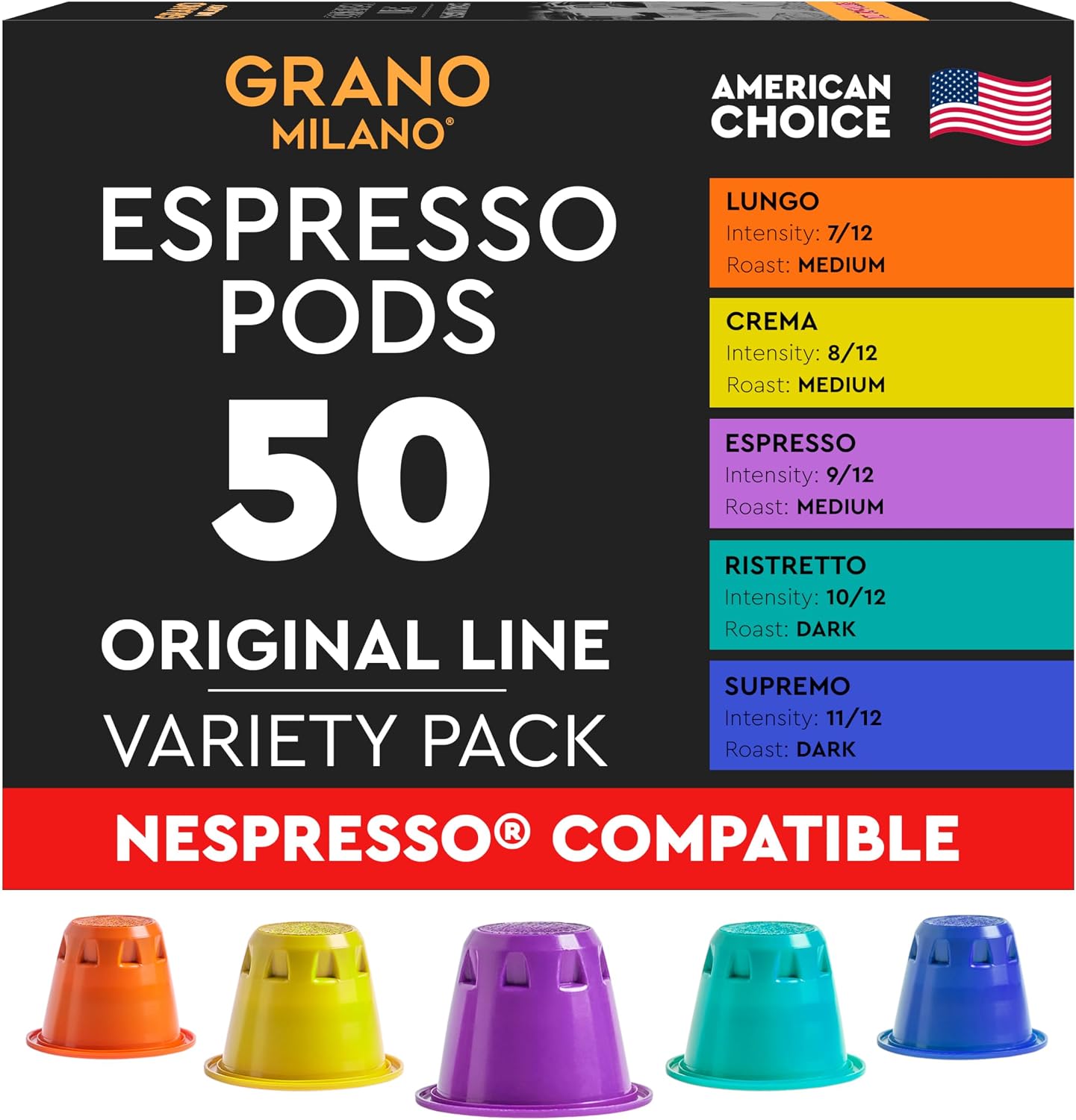Grano Milano Variety Pack - 50 Espresso Pods Compatible with Nespresso Original line - Medium & Dark Roast Espresso Coffee Capsules Made in Italy