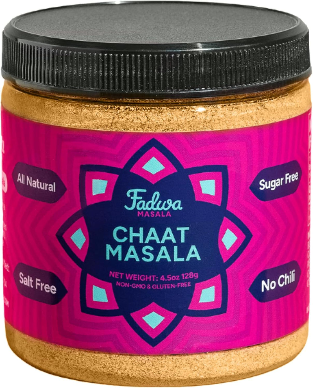 Fadwa Masala Chaat Masala Spice Mix - 4.5 oz Jar, Salt & Sugar Free, Non-Spicy Authentic Desi Spices for Pakistani & Indian Cooking, Curry, Garam Masala - No Artificial Ingredients - Gluten Free