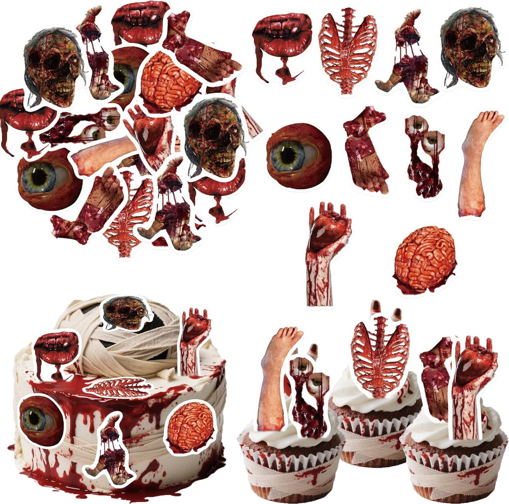 42PCS Edible Halloween Broken Body Parts Cupcake Toppers Wafer Paper Blood Eyeballs Cake Decoration Haunted House Cupcake Toppers for Halloween Eve Theme Party Birthday Decor