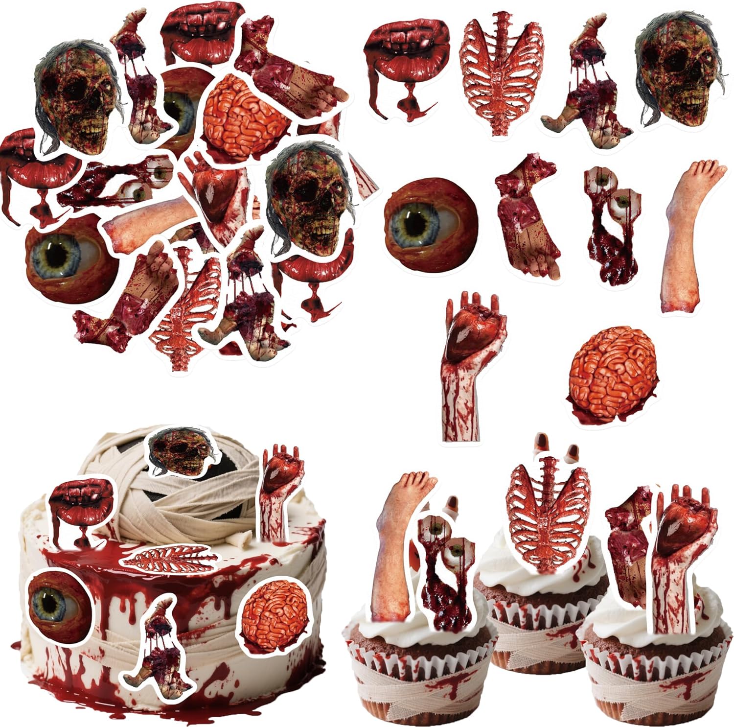 42PCS Edible Halloween Broken Body Parts Cupcake Toppers Wafer Paper Blood Eyeballs Cake Decoration Haunted House Cupcake Toppers for Halloween Eve Theme Party Birthday Decor