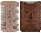 Sandalwood Beard Comb with Case - Fine & Coarse Teeth, Wooden Pocket Comb for Beards, Mustaches & Hair, Brown Skull Design