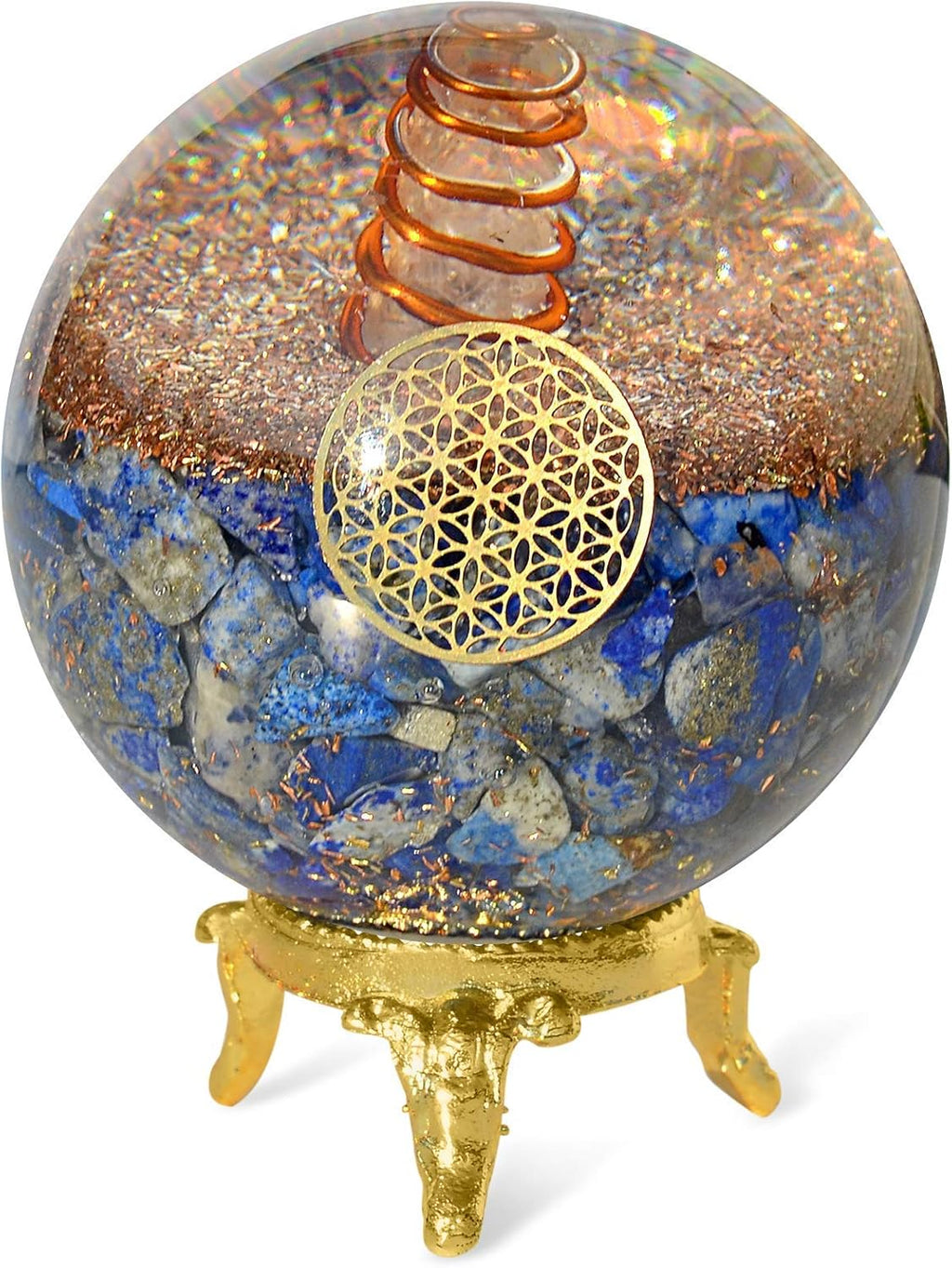 Orgonite Crystal Lapis Lazuli Ball with Holder – Third Eye Chakra Crystal with Flower of Life Enhances Decision Making and Promotes Friendship, Honesty, Compassion and Integrity