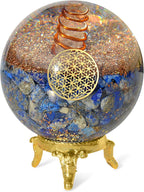 Orgonite Crystal Lapis Lazuli Ball with Holder – Third Eye Chakra Crystal with Flower of Life Enhances Decision Making and Promotes Friendship, Honesty, Compassion and Integrity