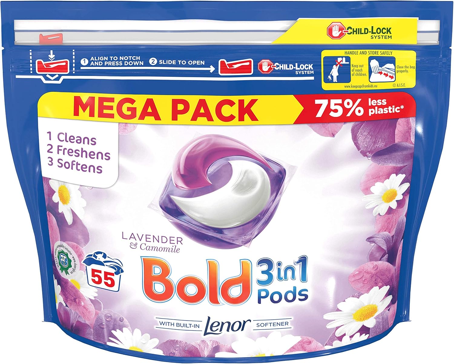 Bold 3in1 Pods Lavender & Camomile Washing Liquid Capsules 55 Washes, with A Touch of Lenor Long Lasting Freshness
