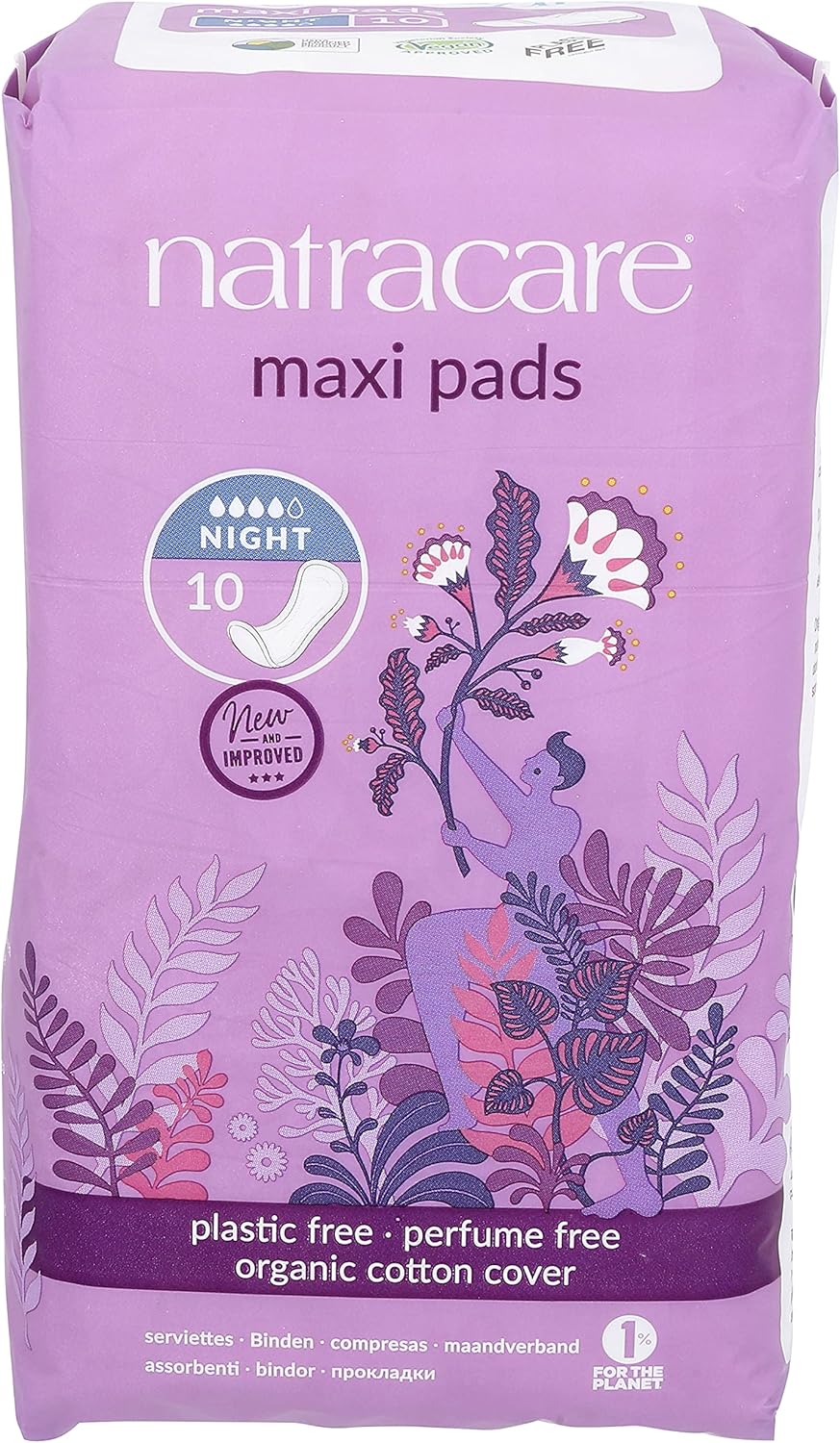 Natracare Natural Traditional Style Night Time Maxi Pads, Individually Wrapped, Without Wings in Plant-Based Bag (1 Pack, 10 Pads Total)