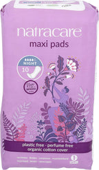 Natracare Natural Traditional Style Night Time Maxi Pads, Individually Wrapped, Without Wings in Plant-Based Bag (1 Pack, 10 Pads Total)