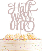 Half Way To One Cake Topper - Rose Gold Glitter 6 Months Birthday Decorations Supplies - Half Birthday Decorations Baby Girl, for Baby Shower/Gender Reveal Party/Baby Party Photo Booth Props