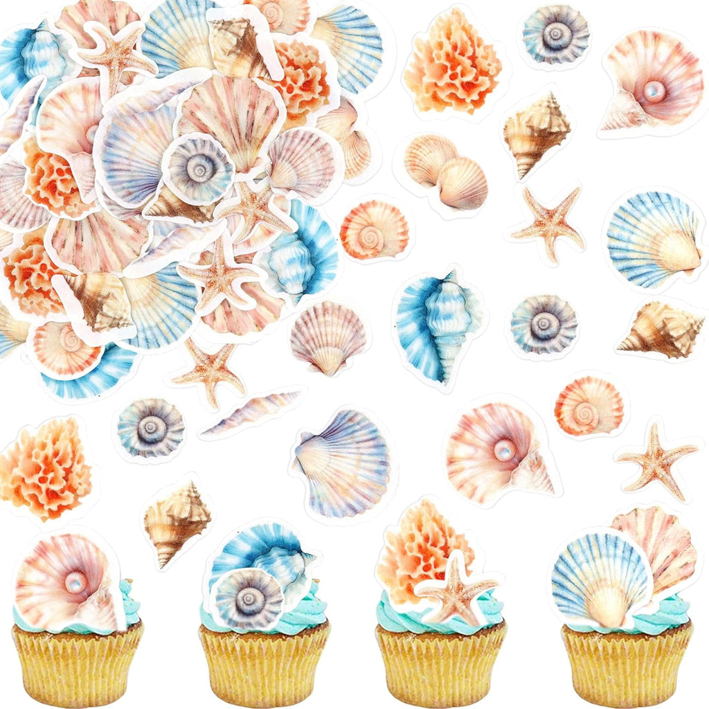 52PCS Edible Sea Shells Cupcake Toppers Edible Conch Sea Snail Cupcake Picks for Beach Party Wedding Cupcake Decorations Ocean Baby Shower Boys Girls Birthday Cake Decorations Supplies