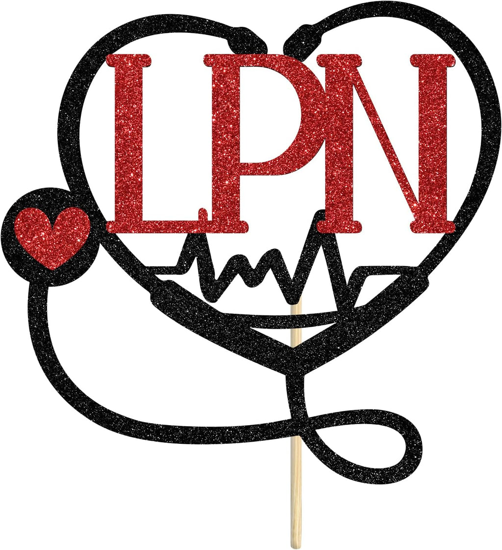 Congrats LPN Cake Topper, Licensed Practical Nurse, Nursing School Graduation Theme Party Decorations Supplies, Black & Red Glitter
