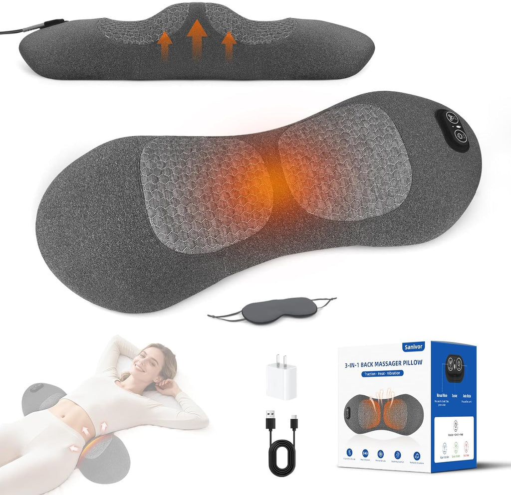 3 in 1 Electric Lumbar Massager Support Pillow - Lower Back Massager with Heat,Vibration & Airbag Traction,Smooth Triple Fusion Lumbar Support Massager for Lower Back Pain Relief FSA Eligible HSA