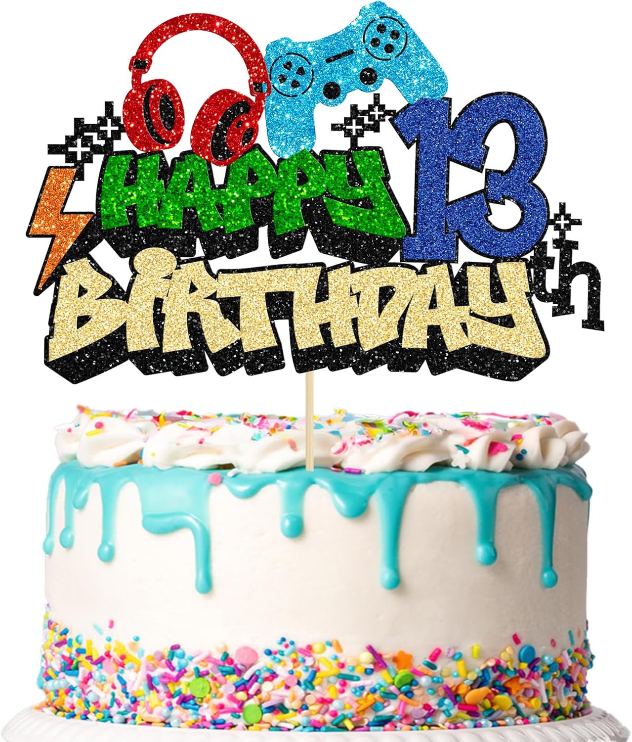 Gyufise 1Pcs 13th Birthday Video Game Cake Topper Gaming Level Unlocked Game On Controllers Cake Pick Decorations Game Theme Baby Shower 13th Birthday Anniversary Party Cake Decorations