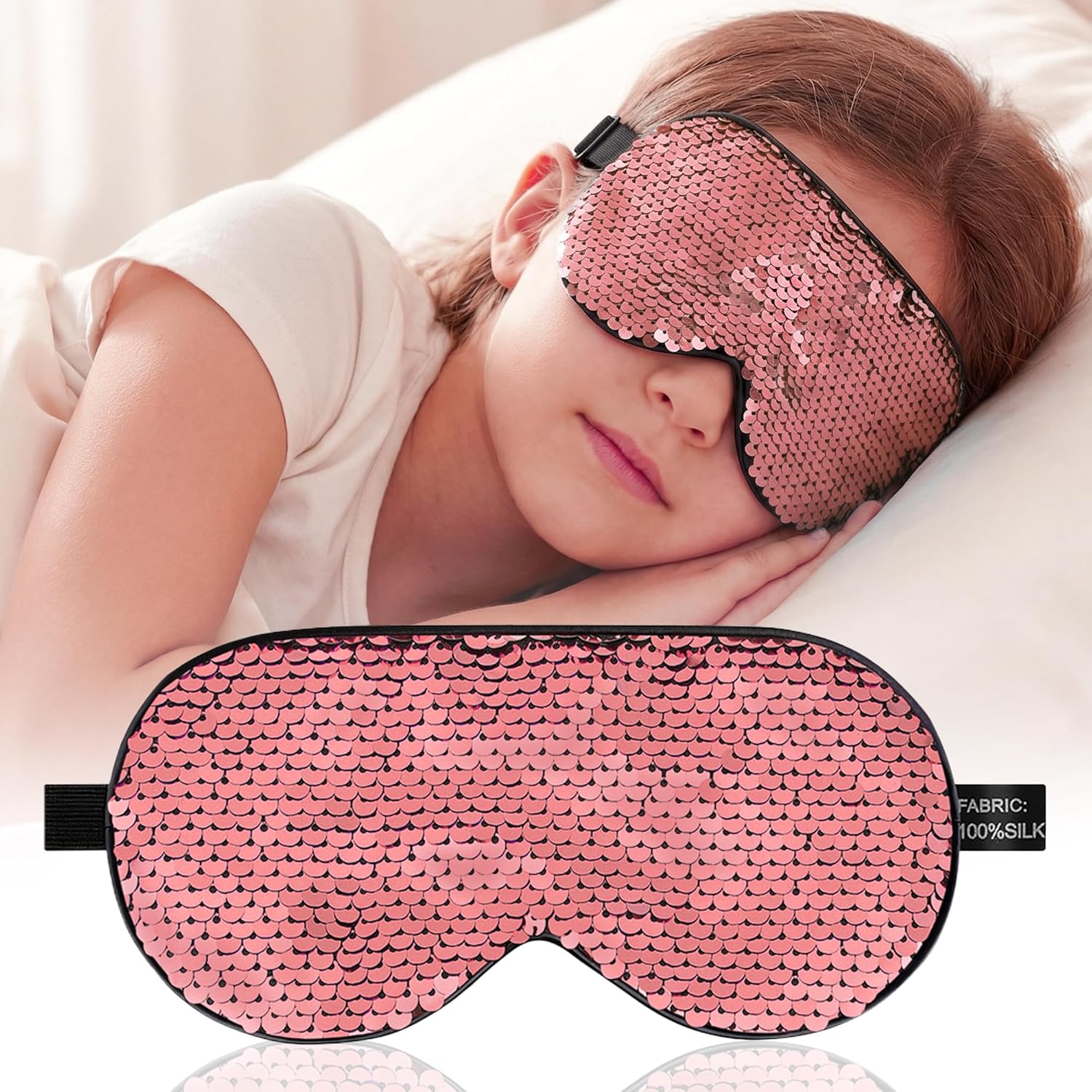 Kids Sleep Mask | Kids Eye Mask with Magic Flip-Sequins | 100% Mulberry Silk Blackout Sleeping Mask with Adjustable Strap (5-15 Years) | Gift for Girls & Boys (Pink)