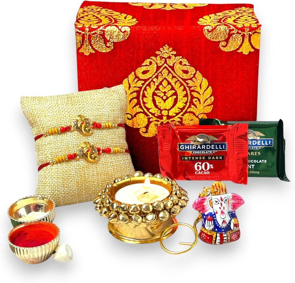 LOVENSPIRE Rakhi Gift Hamper for Brother 2PC Ganesha Rakhi with Candle Holder Ceramic Key Chain Roli Chawal Rakshabandhan Card Chocolates with Premium Brocade Gift Box - Bracelet for Bhai Bhabhi