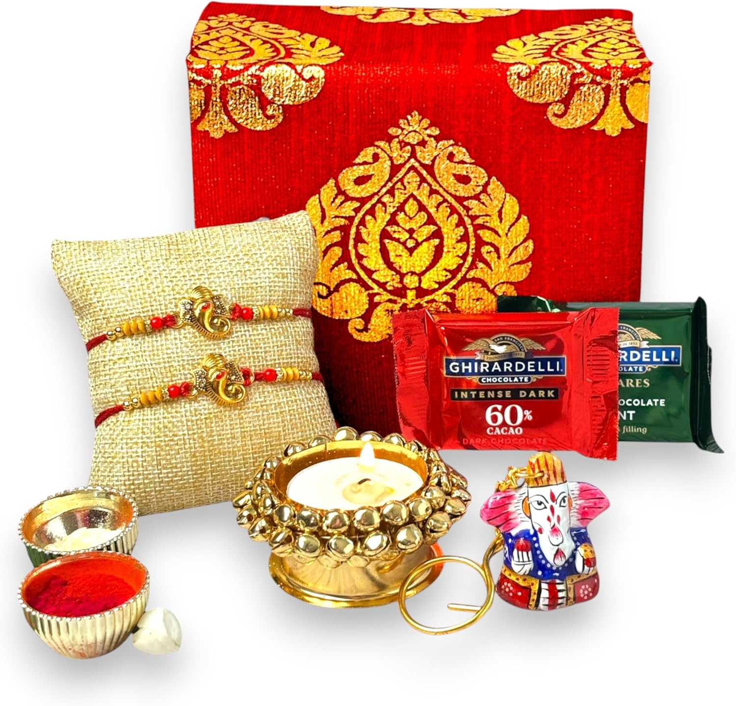 LOVENSPIRE Rakhi Gift Hamper for Brother 2PC Ganesha Rakhi with Candle Holder Ceramic Key Chain Roli Chawal Rakshabandhan Card Chocolates with Premium Brocade Gift Box - Bracelet for Bhai Bhabhi