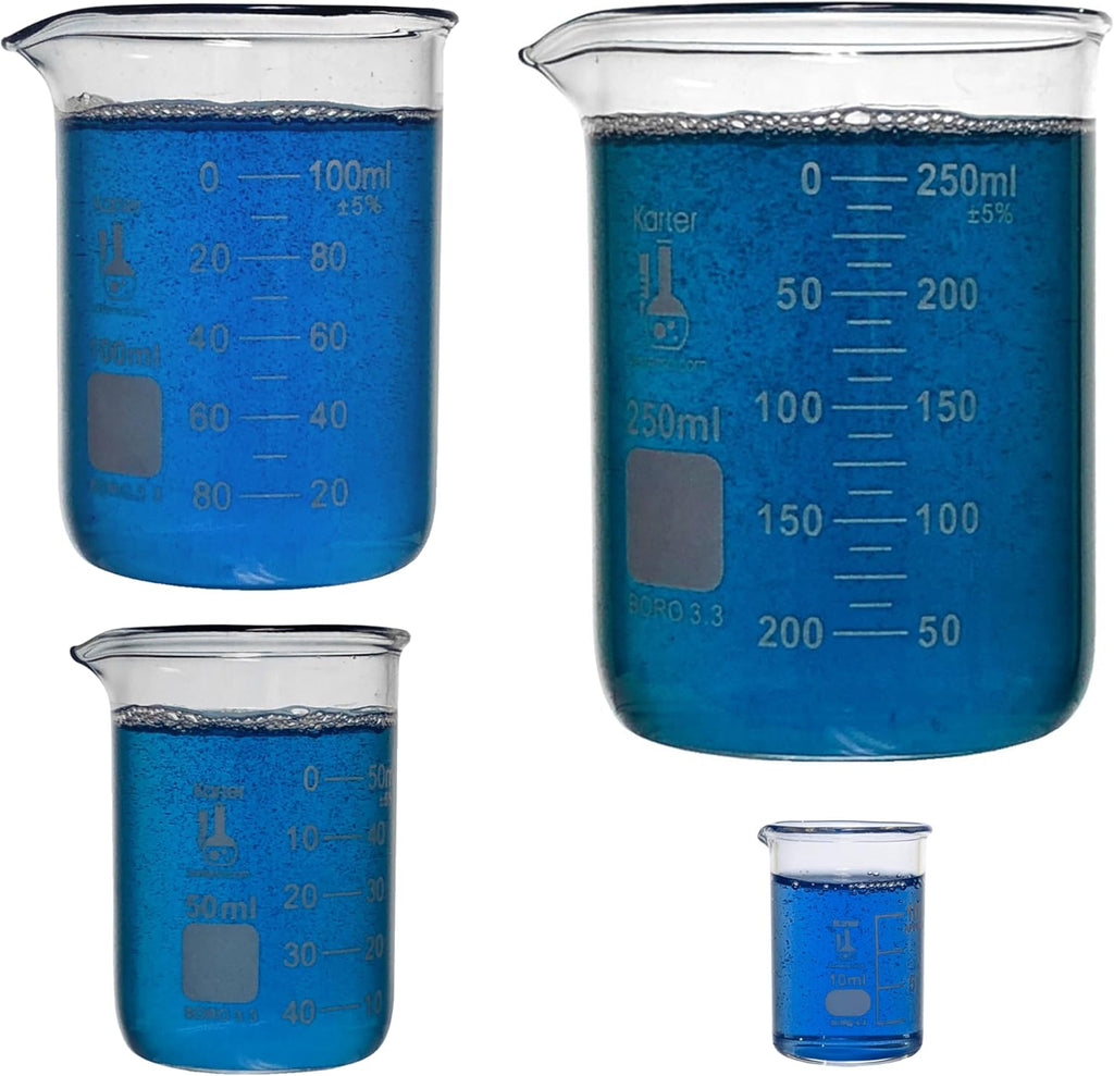 Karter Scientific 214T2, 3.3 Boro, Griffin Low Form, Glass Beaker Set - 4 Sizes - 10ml, 50ml, 100ml, 250ml