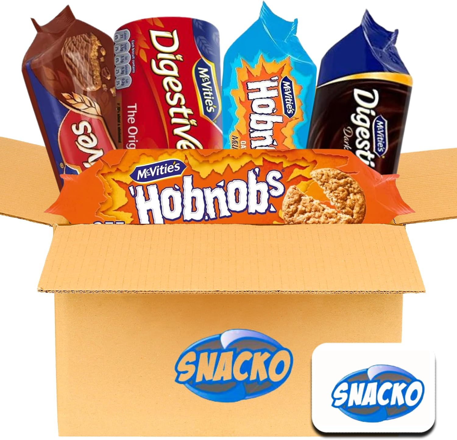 British Biscuits Variety Pack. Comes with Five McVities Assorted Favorites including 3 Digestives Biscuits, Milk Chocolate Hobnobs Biscuits, Ginger Nuts Biscuits plus a Snacko Fridge Magnet.