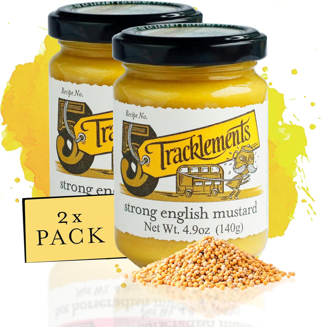 TRACKLEMENTS - Strong English Mustard - Spicy Hot Yellow Mustard, Condiments for Recipes - Sauce Goes with Steaks & Burgers - Gluten Free, VEGAN, Non-GMO - 4.94oz Jar - Pack of 2