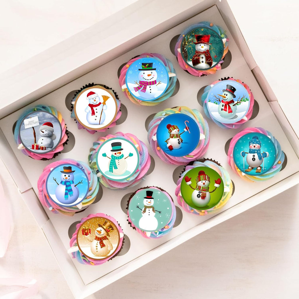 24 Christmas Snowman Mix Theme Edible Cupcake Toppers - Stand Up Discs Wafer Cake Decorations, Snowman Edible Cake Toppers, Xmas Cupcake and Cookie Decorations, 4cm / 1.5 Inch PRECUT