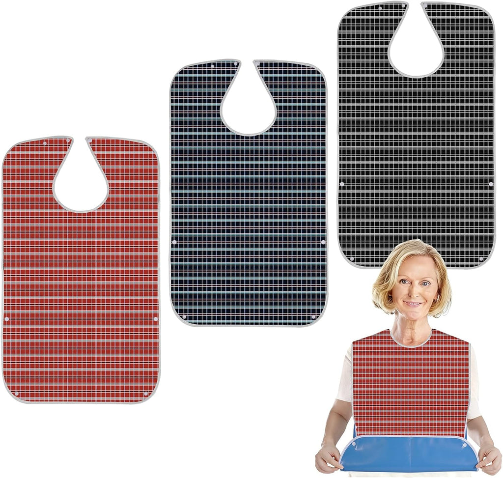 KENOBE 3-Pack Reusable Adult Bibs for Men, Women & Elderly - Waterproof Washable Dining Clothing Protector with Adjustable Neck & Crumb Catcher - Large Feeding Bibs for Seniors with Special Needs