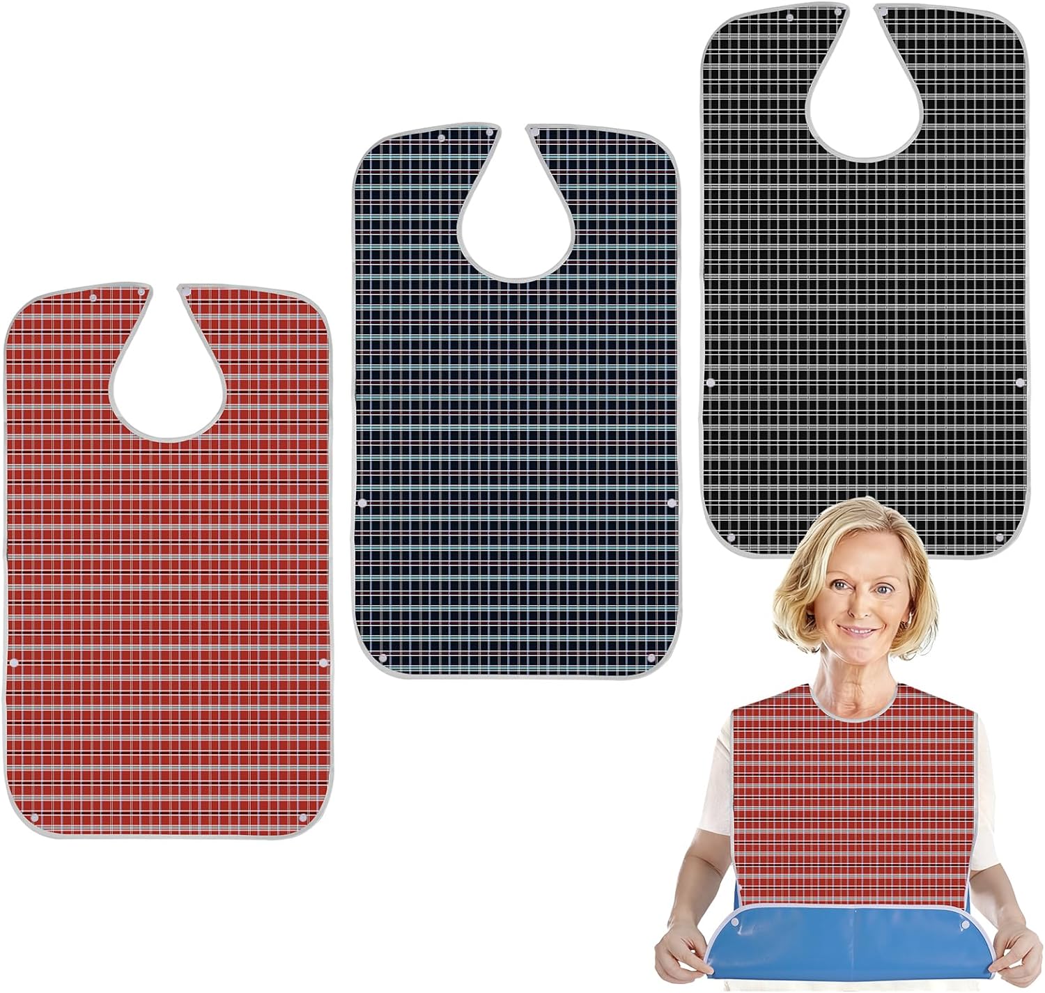 KENOBE 3-Pack Reusable Adult Bibs for Men, Women & Elderly - Waterproof Washable Dining Clothing Protector with Adjustable Neck & Crumb Catcher - Large Feeding Bibs for Seniors with Special Needs