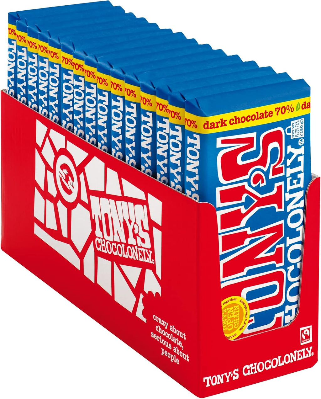 Tony's Chocolonely 70% Dark Chocolate Bar, 6.35 Ounce, 15 Pack