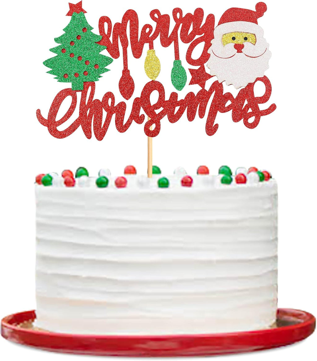 Ercadio 1 Pack Glitter Merry Christmas Cake Topper with Santa Claus Cake Picks for Christmas Eve and Xmas Party