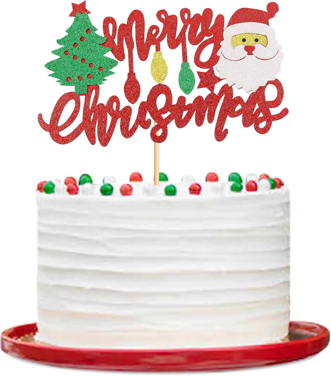 Ercadio 1 Pack Glitter Merry Christmas Cake Topper with Santa Claus Cake Picks for Christmas Eve and Xmas Party