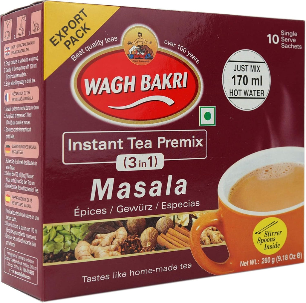 Wagh Bakri Instant Masala Tea | 3 in 1 Sugar+Milk Solids+ Tea | 10 Single Serve Sachets | 140g (4.93 Ounce)