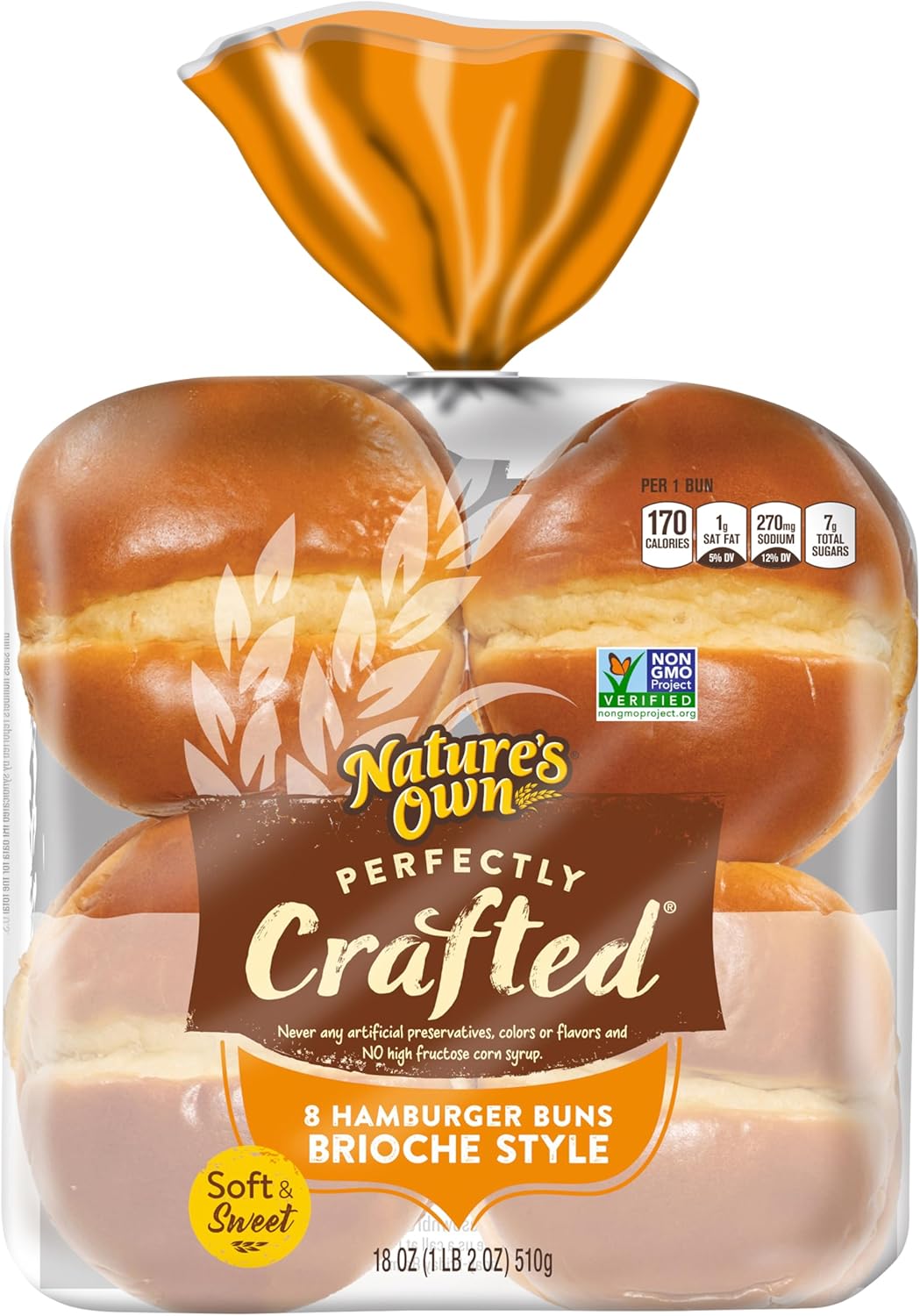 Nature's Own Perfectly Crafted Brioche Style Hamburger Buns, Non-GMO Sandwich Buns, 8 Count