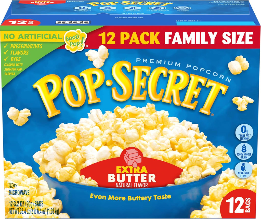 Pop Secret Popcorn, Extra Butter, 3.2 Oz Bags, 12 Ct