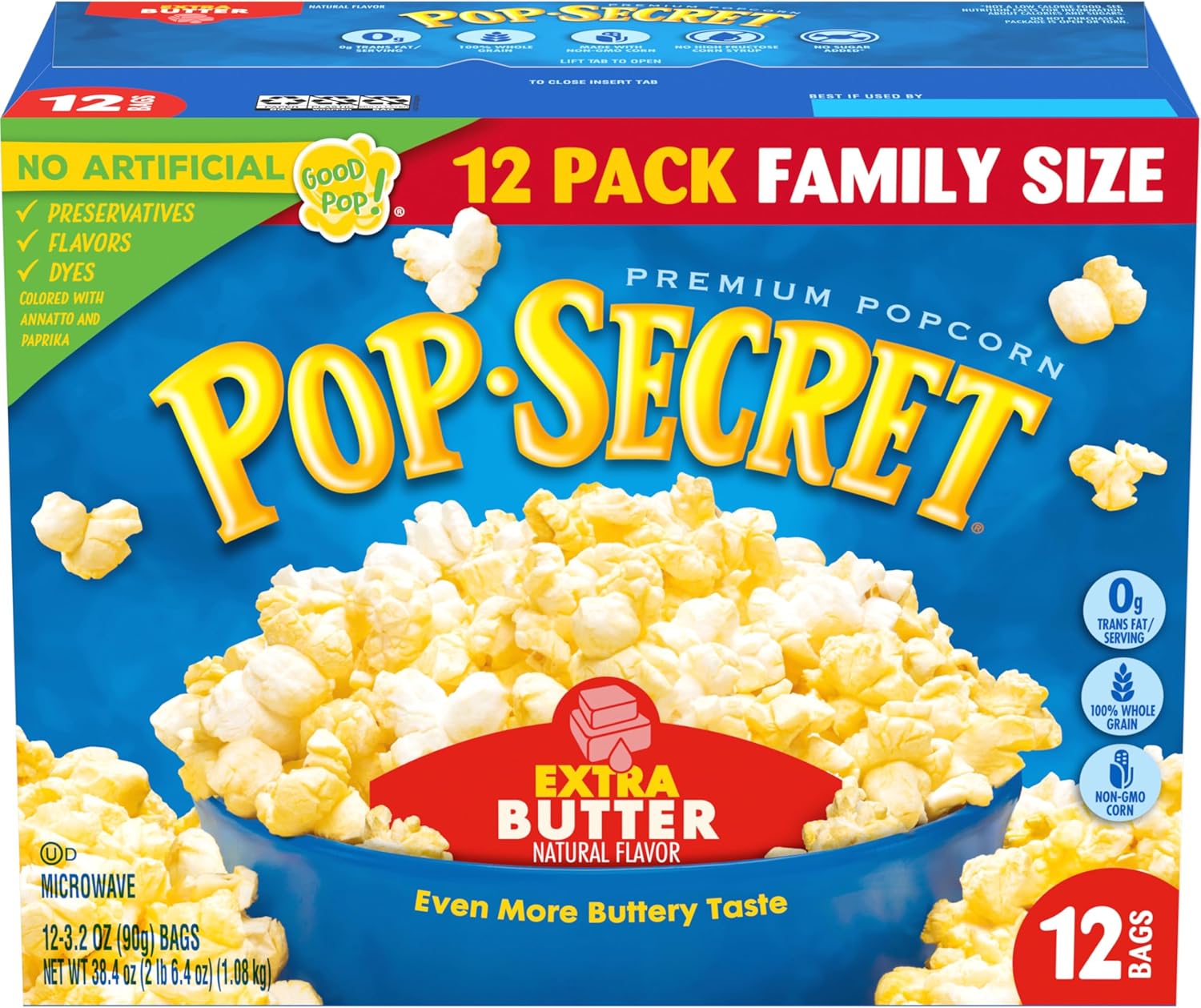 Pop Secret Popcorn, Extra Butter, 3.2 Oz Bags, 12 Ct