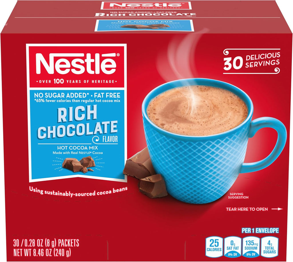 Nestle Hot Chocolate Packets, Hot Cocoa Mix, No Sugar Added and Fat Free, Bulk Pack, 0.28 oz Packet (Pack of 30)
