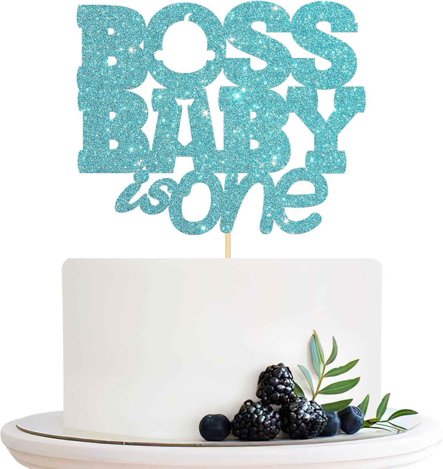 Boss Boy is One Cake Topper, Baby 1st Birthday Cake Topper, Gender Reveal, Happy Birthday Boss Birthday Party Cake Decorations Sky Blue Glitter