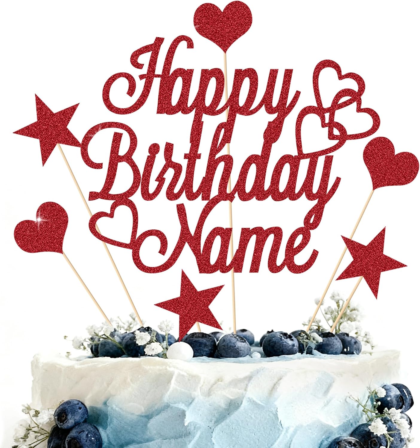 Personalized Happy Birthday Cake Topper | Customized Name Cake Decoration | Double Sided Glitter Card | Red